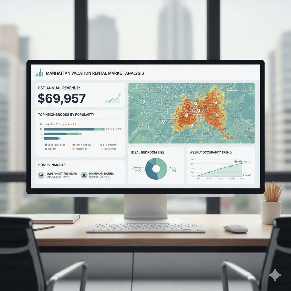 A clean, professional data dashboard showing key Airbnb market insights for Manhattan.