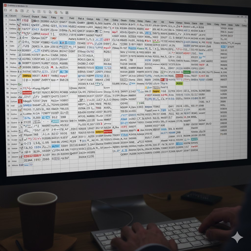 A messy, unorganized spreadsheet representing initial data analysis challenges.
